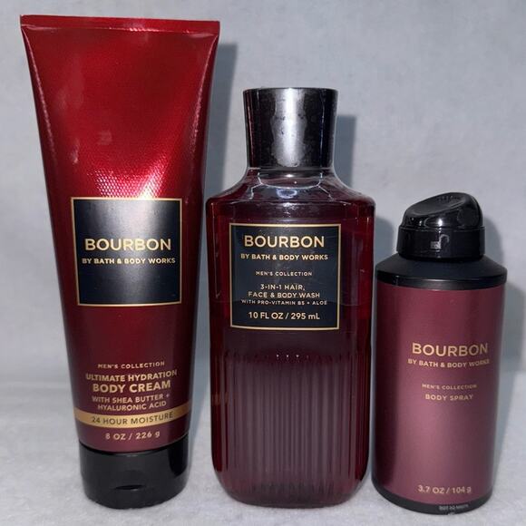 NWT Bath & Body Works 3 pc Mens Bourbon (10oz 3-in1 Wash, 8oz Cream, 3.7oz Spray